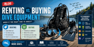 Scuba diving gear arranged for new divers comparing renting vs owning dive equipment