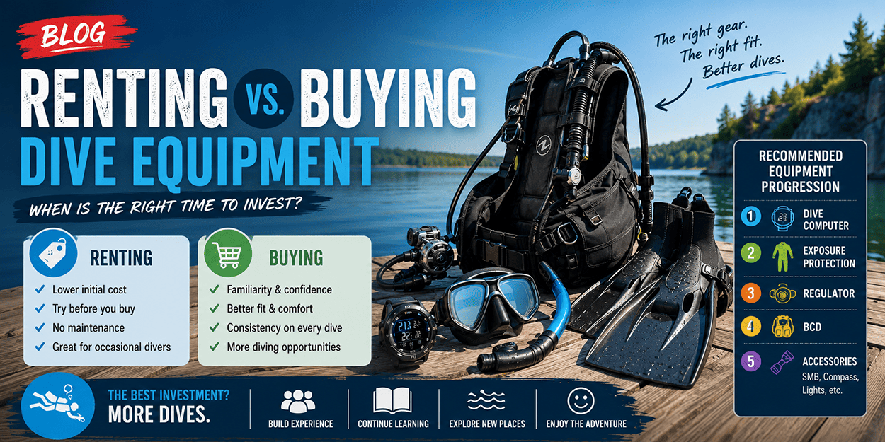 Scuba diving gear arranged for new divers comparing renting vs owning dive equipment